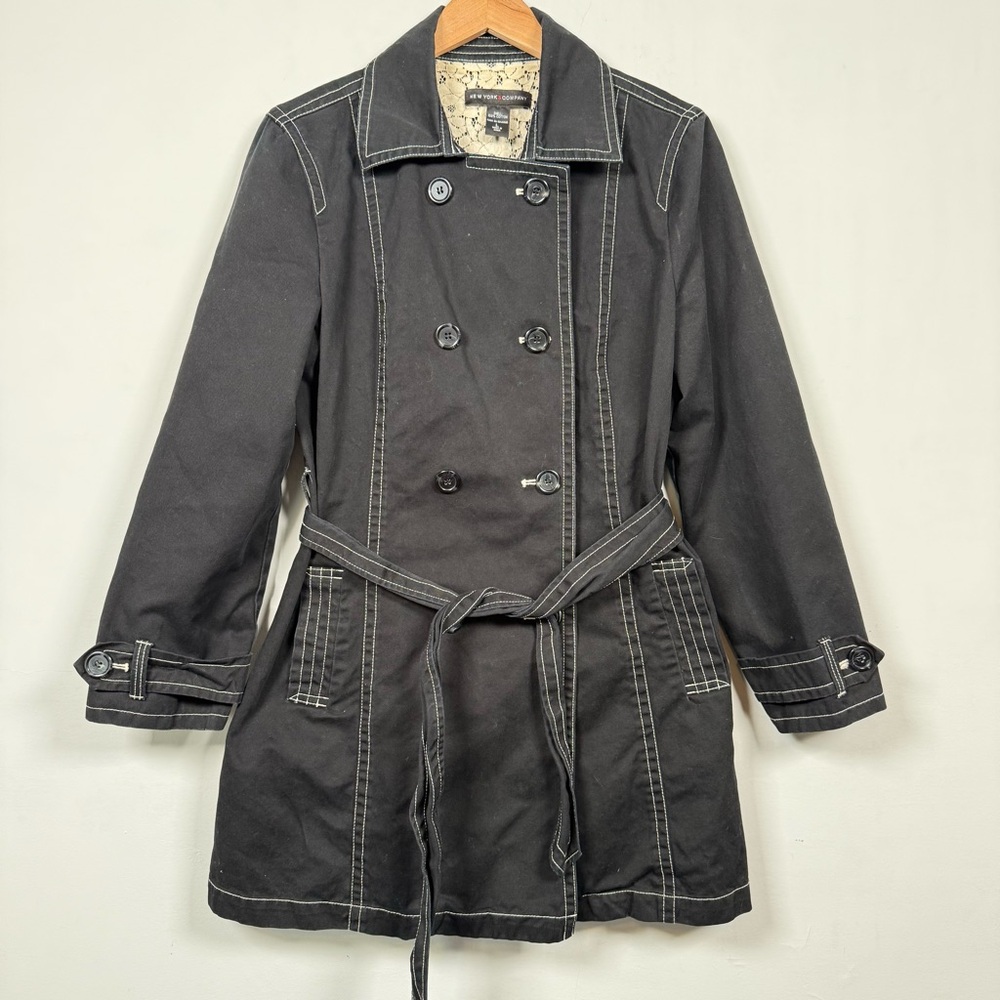 New York & Company Black Trench Coat with Contrast Stitching, Size L